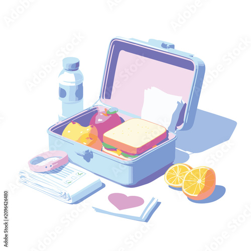 Modern Bright Vector Illustration Of Food Allergy Safe Lunchbox With Healthy Meal, Alert Bracelet, Checklist And Water Bottle On White Background For School Health And Careful Meal Preparation