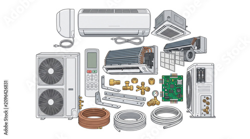 Air conditioner system components and spare parts set, HVAC cooling equipment collection, split system maintenance tools and hardware on white background