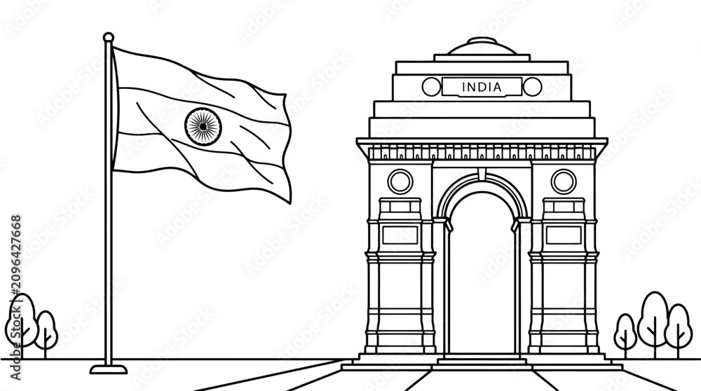 Fototapeta premium India Gate line art illustration, national flag of India with historic monument, minimalist black and white travel landmark vector for coloring