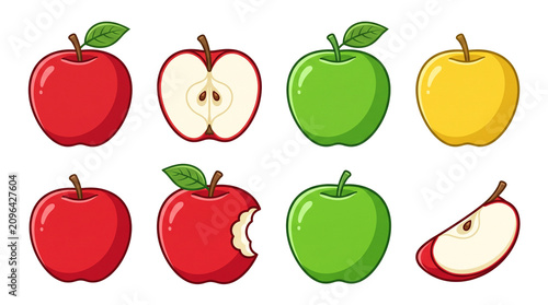 Cartoon apple fruit collection, set of 8 colorful apple icons including red green and yellow varieties, fresh organic fruit illustrations for healthy food design