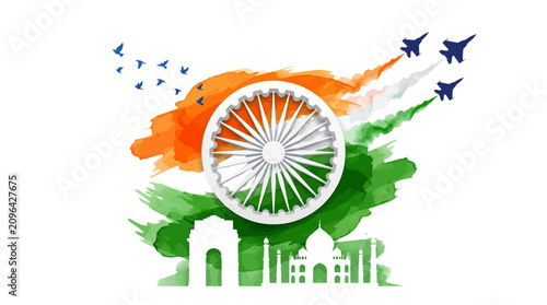 Cuadro en lienzo Indian Independence Day background with tricolor brush strokes, Ashoka Chakra wh