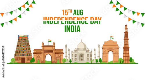 Bild auf Leinwand India Independence Day 15th Aug banner with famous landmarks, Indian national mo