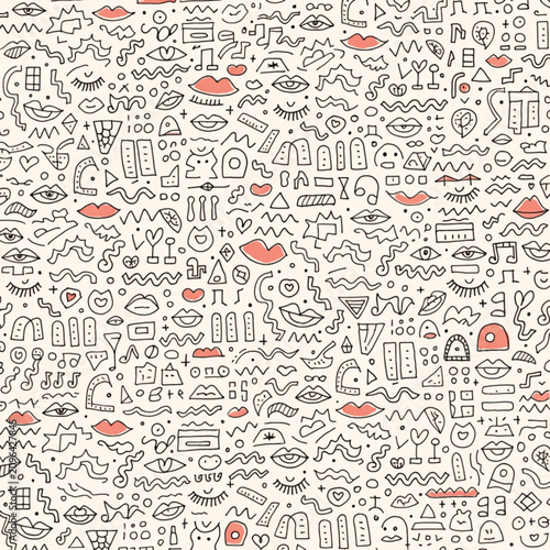 Seamless pattern, doodle icons, black and red, abstract background, vector illustrations, decorative texture