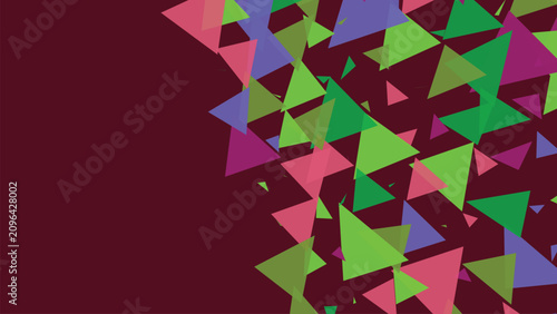Quadro su tela Dynamic composition of overlapping semi transparent triangles in vibrant colors arranged against solid dark maroon backdrop for bold designs