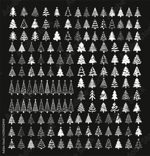 White Christmas Tree Icons on Black Background, Festive Holiday SVG Clip Art, Minimalist Christmas Designs, Printable Vector Trees, Winter Holiday Graphics