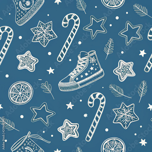 Christmas, winter, seamless pattern, blue background, white illustrations, festive icons