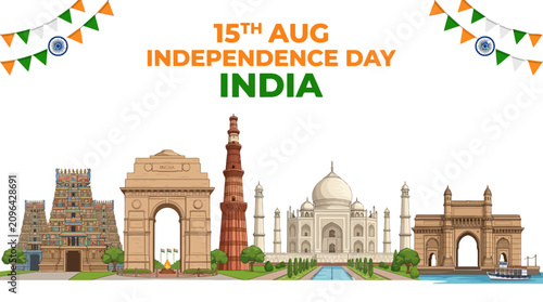 Canvastavla India Independence Day 15th August banner, Indian national monuments skyline wit
