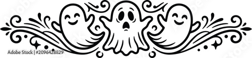Fotografía Spooky halloween ghost trio with floral swirls black and white vector illustrati