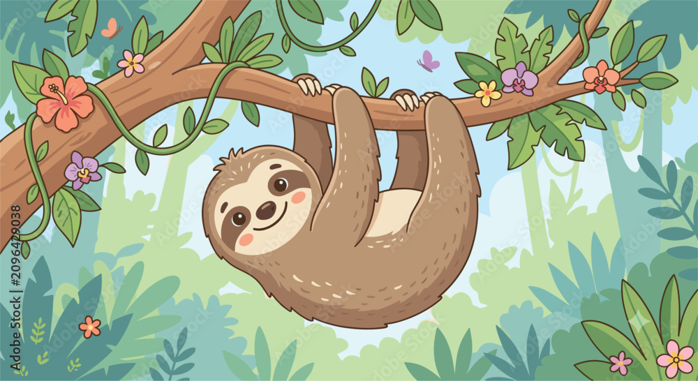 Fototapeta premium Cute Sloth Hanging on Tree Branch in Tropical Jungle with Flowers and Butterfly Vector Illustration