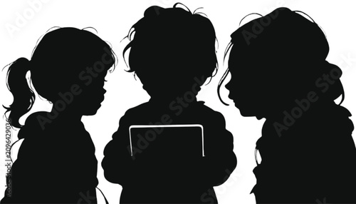Children gathering around a digital tablet screen are depicted in a stark black silhouette style to highlight the modern influence of technology on youth communication and collaborative learning.