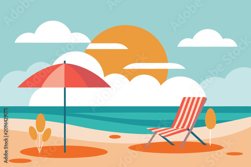 Foto Beach scene with sun umbrella and chair on sandy shore