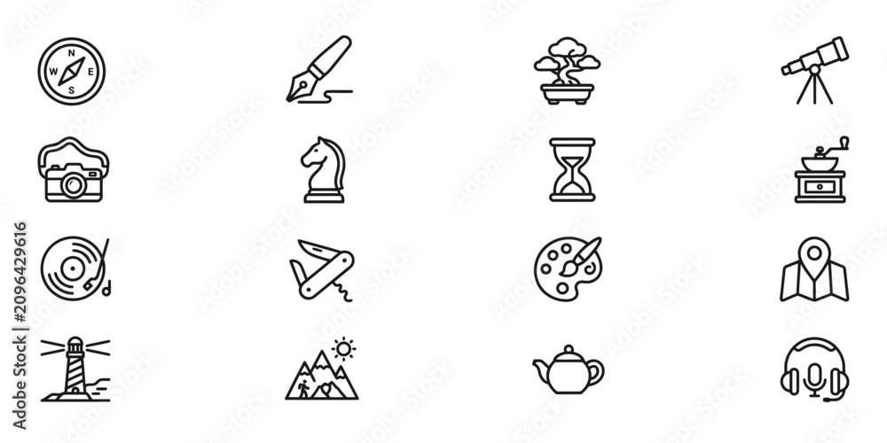 Fototapeta premium Hobby and Leisure Line Icon Set with Art, Travel, Music, Astronomy and Creative Activities