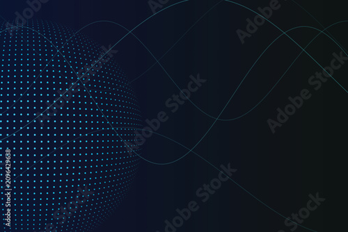 Konstfotografi Halftone sphere composed of blue dots with intersecting wavy lines on a dark gra