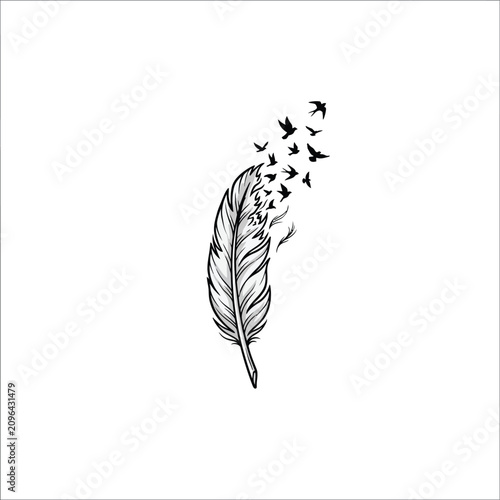 Bild auf Leinwand Artistic Depiction Of A Single Black And White Feather Disintegrating Into Numer
