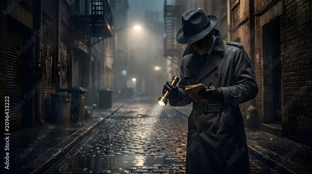 Fototapeta premium Private investigator in trench coat looking at notebook in dark rainy alley with detective work investigator notebook flashlight