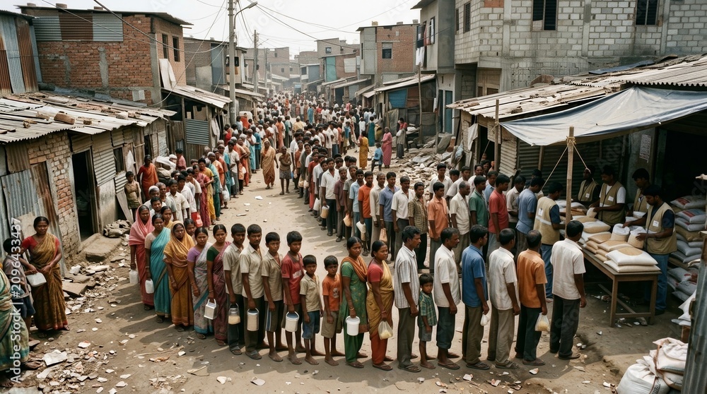 Obraz premium Long Queue of People in a Slum Area Awaiting Basic Supplies