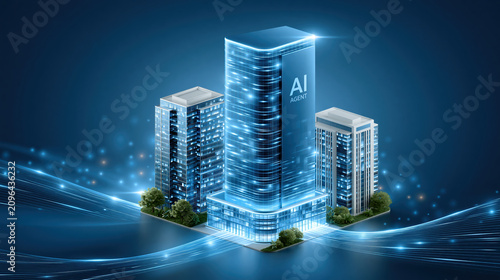 Ai agent business futuristic city skyscraper glowing office tower with digital light trails