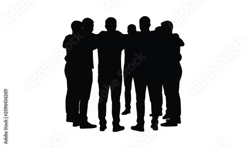 Fotografie Group silhouette of six young men standing together arms linked in unity and cam