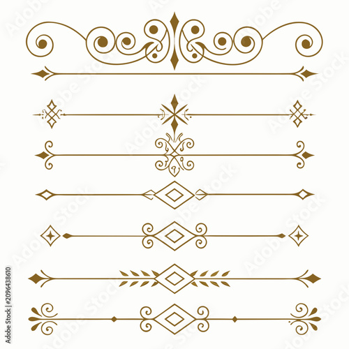Gold filigree separator collection with ornate swirls and traditional border flourishes for decorative page layouts and luxury invitations vector antique line art elements for book decorations.