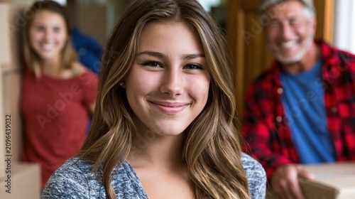 Young female college student moving her stuff out of home to a college dorm with her smiling parents in the background	

