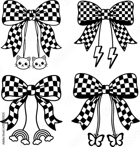 Checkered Coquette Bow Clipart Collection with Cute Hanging Charms Black and White Ribbon Ornament Set