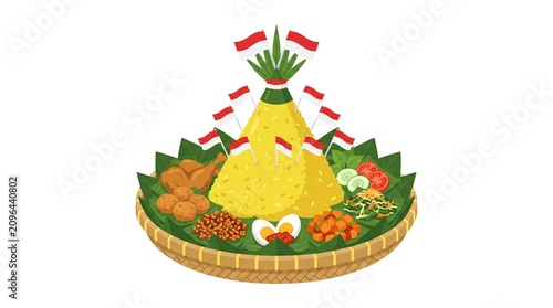 Traditional Indonesian Nasi Tumpeng Yellow Rice Cone Platter With Side Dishes and Festive Flag Decorations for Celebration