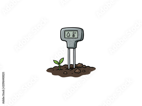 Gray Soil Moisture Sensor With Water And Temperature Symbols Embedded In Soil Next To Young Plant Sprout, Agricultural Monitoring Device, Vector Illustration