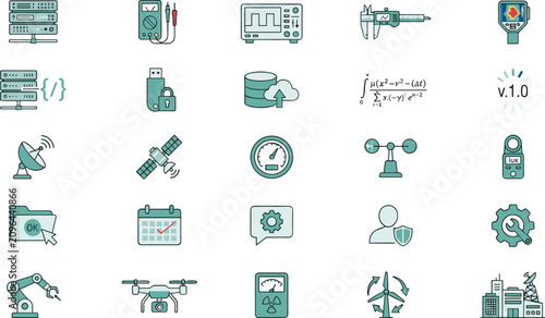 Foto Technology and Engineering Line Icon Set with Server Infrastructure Measurement