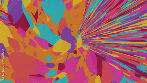 Photos Explosive abstract artwork featuring chaotic polygonal shards and dynamic radiant light beams in brilliant multi colored saturated vivid pigments