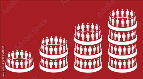 People Forming Ascending Coin Stacks, Finance and Investment Growth Concept Vector Illustration