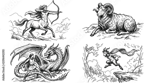 Canvastavla Mythological creature and fantasy monster collection set featuring hand drawn ce