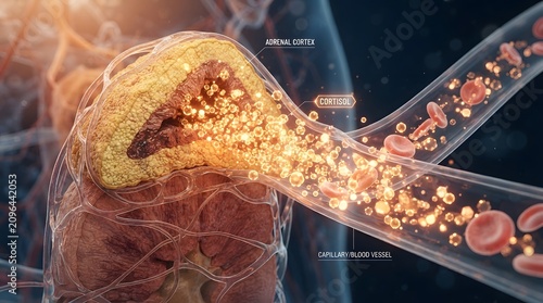Medical illustration showing cortisol hormone release from adrenal cortex into bloodstream.