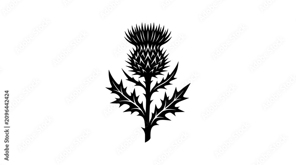 Fototapeta premium Thistle Plant Illustration with Detailed Leaves and Spiky Center Featuring Botanical, Nature, Flora with Drawing and Black