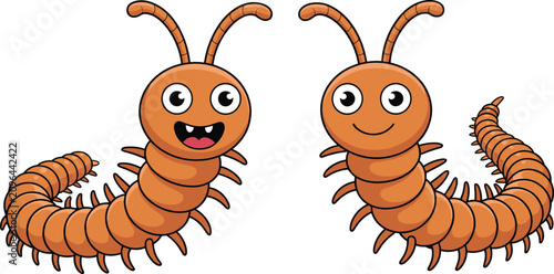 Foto Two cute orange cartoon millipede characters with friendly faces and many legs isolated on white background for children book illustrations