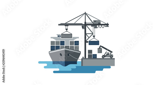 Container ship at port with harbor crane