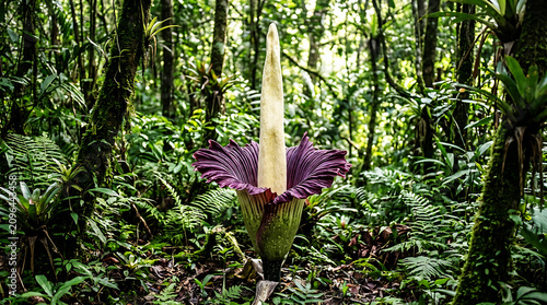 Vibrant exotic plant with purple leaves in lush forest