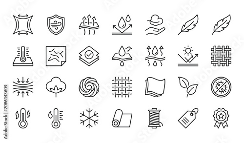 Obraz na plátně Fabric Properties Line Icon Set with Stretching Windproof Breathable and Textile