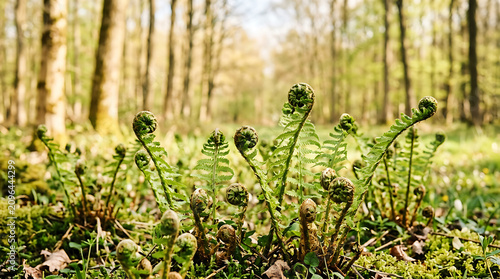 Ferns with dew drops in sunlit forest clearing