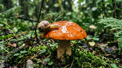 Orange snail on brown mushroom in forest undergrowth