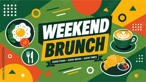 Weekend Brunch text banner wide flat lay for restaurant promotion colorful graphic vector with bright studio lighting effect on abstract geometric shapes background