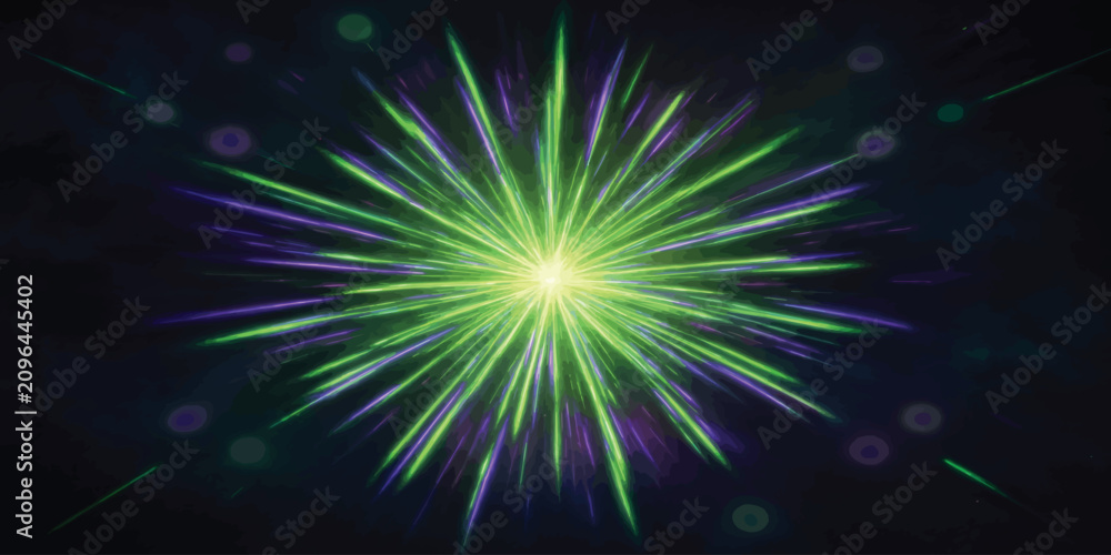 Fototapeta premium Green and purple starburst abstract light explosion with starburst abstract explosion background electric wallpaper intensity brilliant radiance
