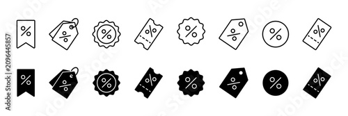 Discount promotion icons in line and solid style. Sale promotion and special offer icon set. Vector illustration.