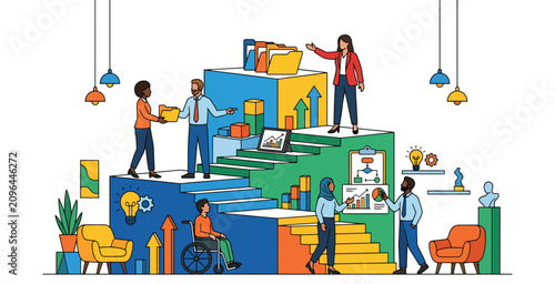Professional team working on business growth strategy using stair climbing metaphor in office space.