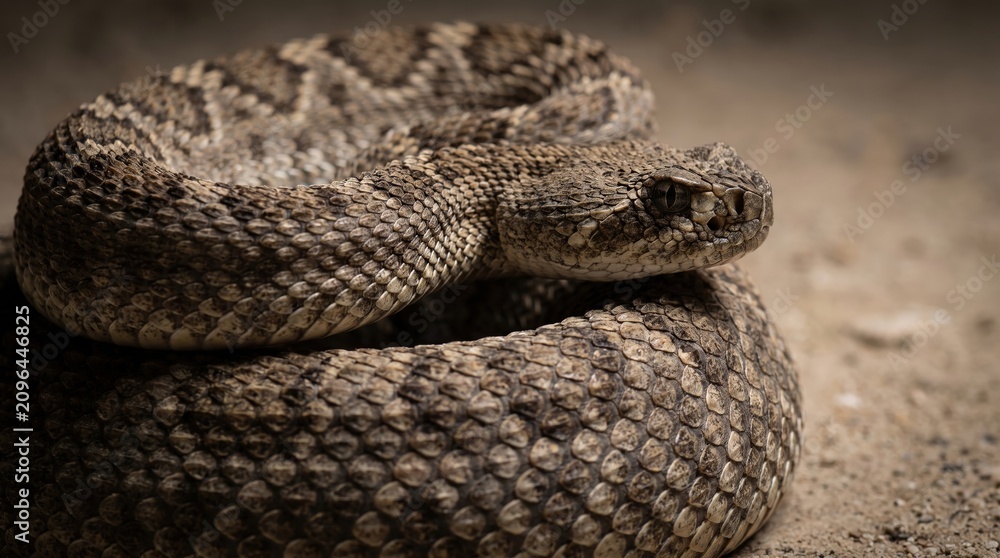 Obraz premium Close up portrait of a coiled western diamondback rattlesnake in desert