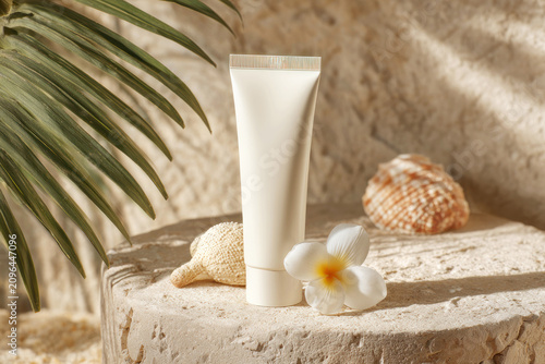 Blank White Cosmetic Cream Tube Mockup with White Cap on Display Podium Decorated with Flowers and Elegant Leaf Shadows