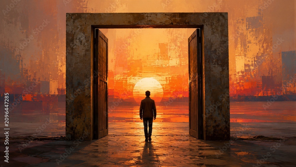 Fototapeta premium A person walks through large open doors that lead to a sunset. The sun is setting over water with colors filling the sky. The scene shows a moment of transition at twilight.