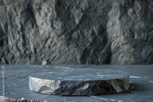 Empty Stone Slab Display Podium Mockup Against a Natural Stone Wall Backdrop