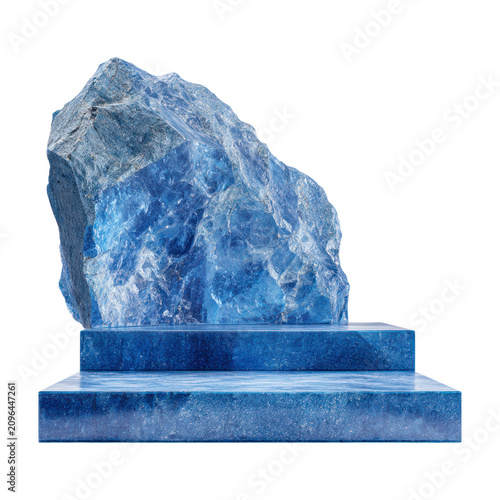 Empty Blue Square Display Podium Decorated with Large Blue Stones, Isolated
