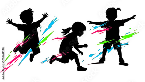 Fotografie Energetic black silhouettes of three children playing and running with vibrant, abstract paint splatters in blue, pink, and green