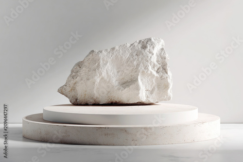 Empty White Display Podium Mockup Decorated with Large White Stones in a Minimalist White Room